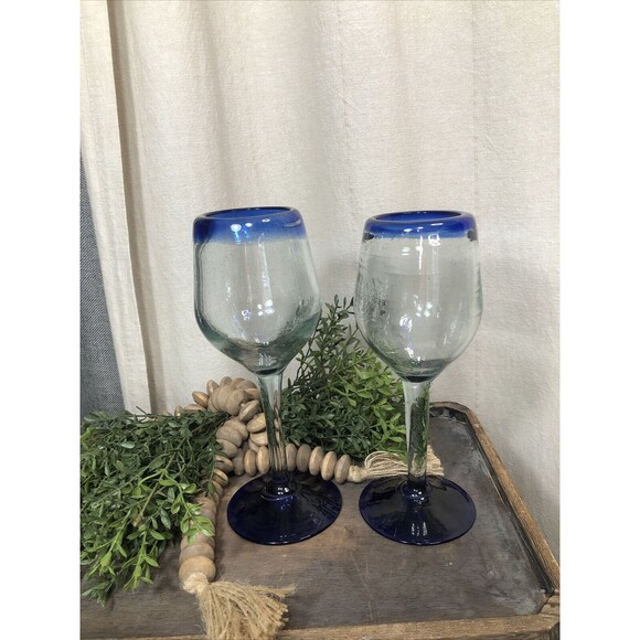 MEXICAN HAND BLOWN COBALT BLUE RIM WINE GLASSES. (Set of 2) - Picture 1 of 16